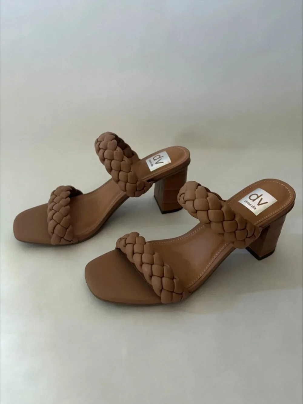 New Dolce Vita Tan Braided Leather Slides Block Heels Size 8.5